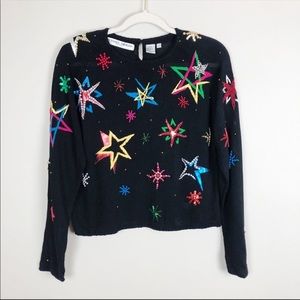 Vintage Michael Simon Black Multi-Color Star Sequin Cropped Sweater